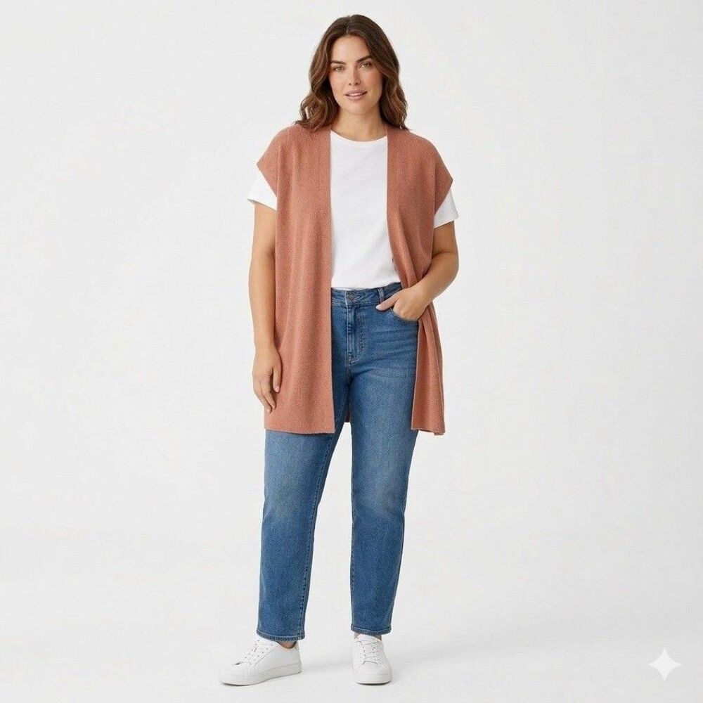 Eileen Fisher linen blend knit sleeveless duster vest cardigan 2X Terracotta